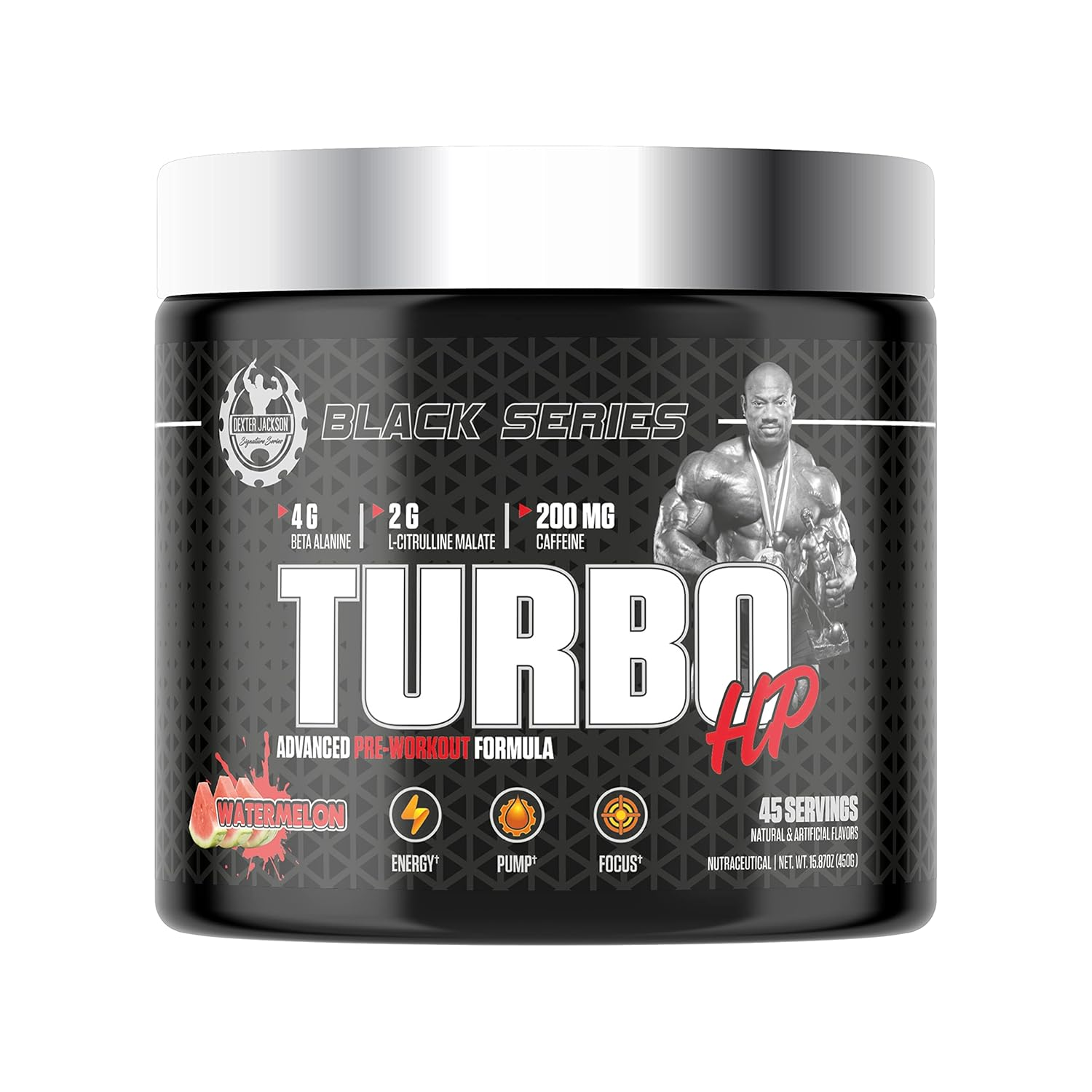 Black Series TURBO HP pre-workout in Watermelon Flavor, 45 servings, designed to boost energy, strength, and mental focus