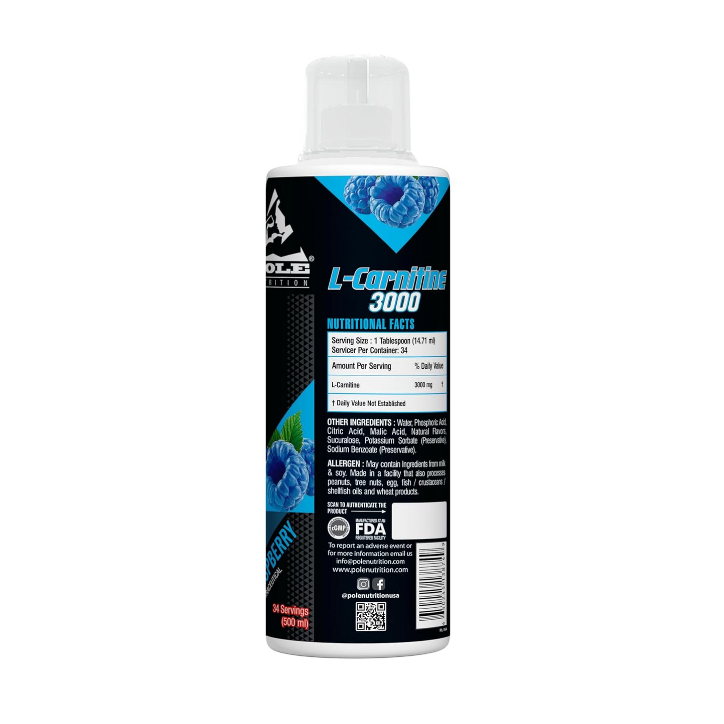 Pole Nutrition L-Carnitine 3000 -  Dietary Supplement, 500ml, 34 Servings - Boost Energy and Support Fat Metabolism