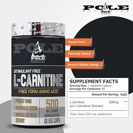 Pole Nutrition L-Carnitine 500mg - 60 Veg Capsules | Energy Production and Fat Metabolism Support - Veg Formula
