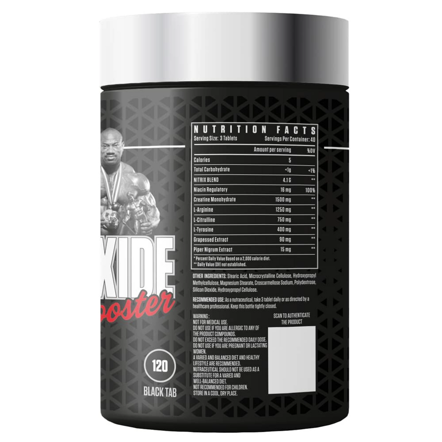 Pre-workout nitric oxide booster bottle and nutrition label, promotes blood flow, muscle pump, and workout endurance, backed by Dexter Jackson Signature Series branding