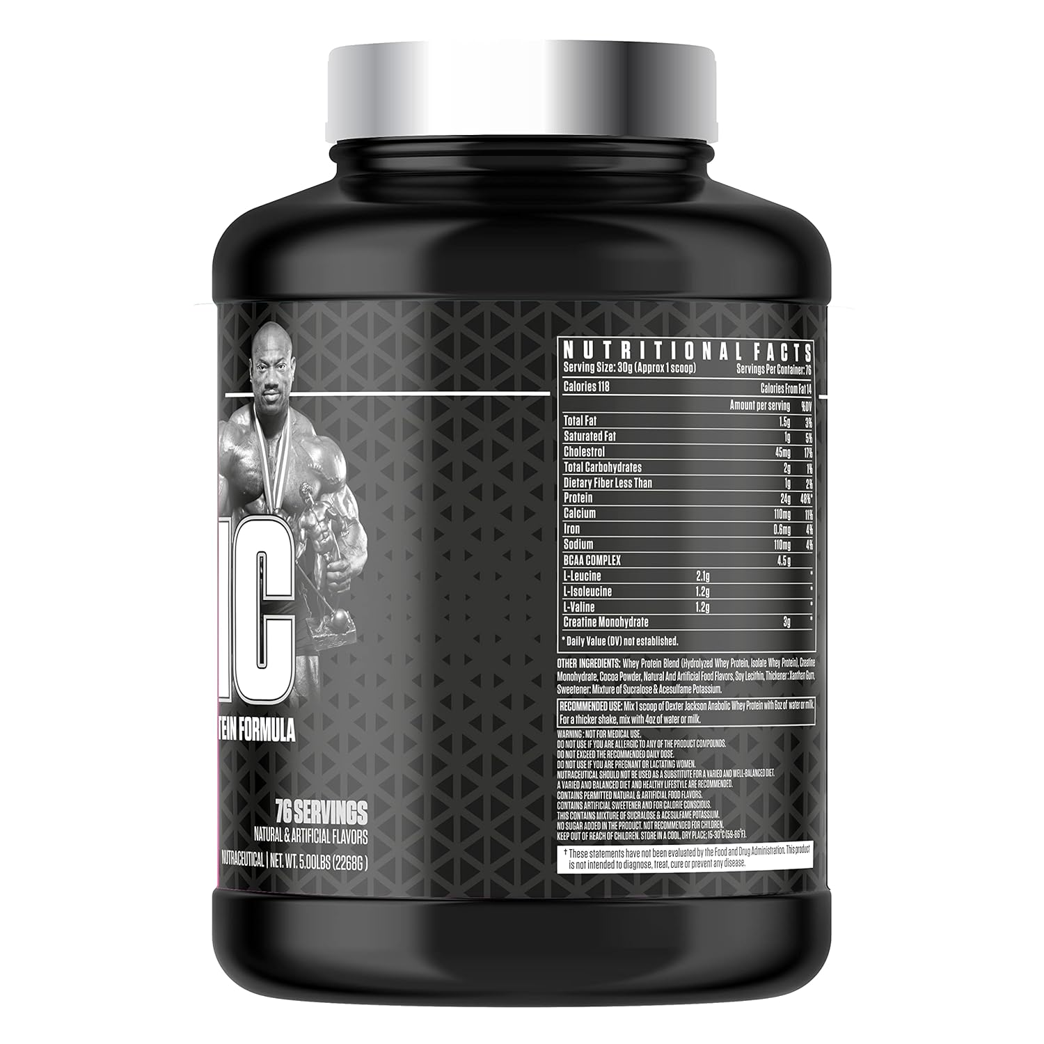 Large 5lb Black Series protein container with detailed nutrition facts and 76 servings, ideal for serious athletes and bodybuilders