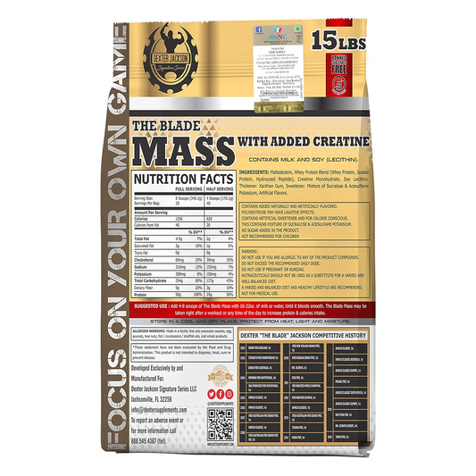 Dexter ‘The Blade’ Jackson’s The Blade Mass Gainer – 50g Protein, 1256 Calories per Serving with Added Creatine for Muscle Growth. Vanilla Flavor, No Sugar, Soy & Milk Ingredients. Ideal for Bodybuilders & Weight Gain, back view