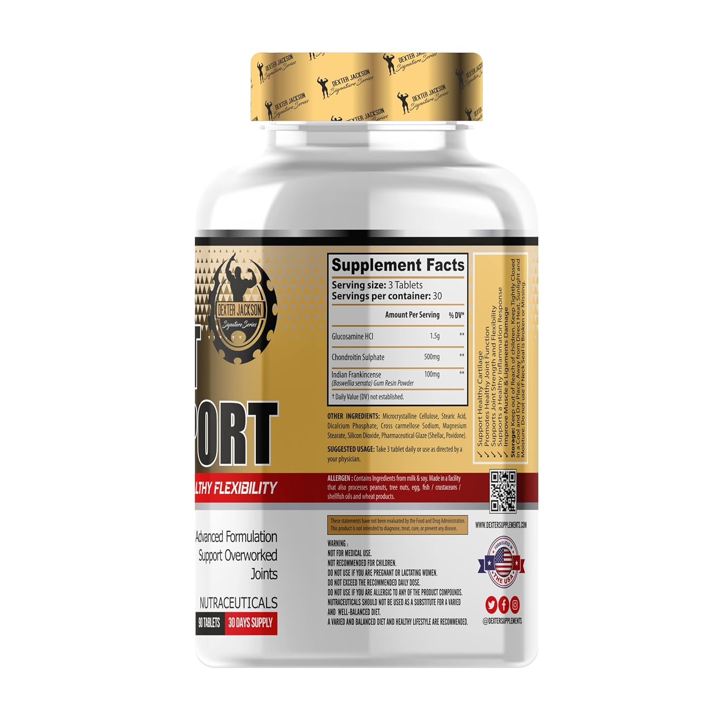 Advanced Joint Support Supplement – 1500mg Glucosamine, 600mg Chondroitin & MSM per Serving. With Boswellia Serrata for Inflammation. 30-Day Supply (90 Tablets), side view
