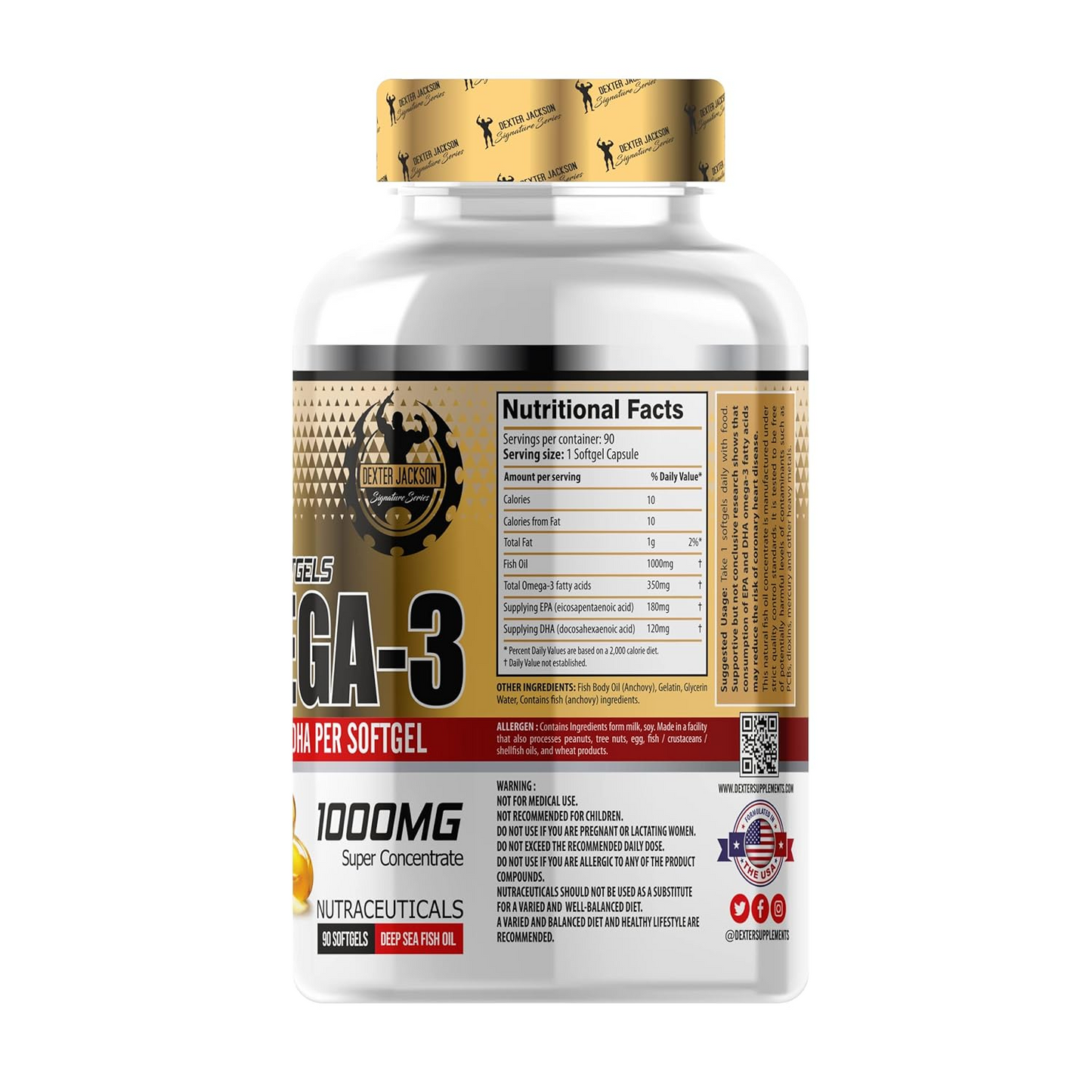 Premium Omega-3 Fish Oil – 180mg EPA + 120mg DHA per Softgel. Supports Cardiovascular Health, Cognitive Function & Joint Mobility. 1000mg Concentrate, side view