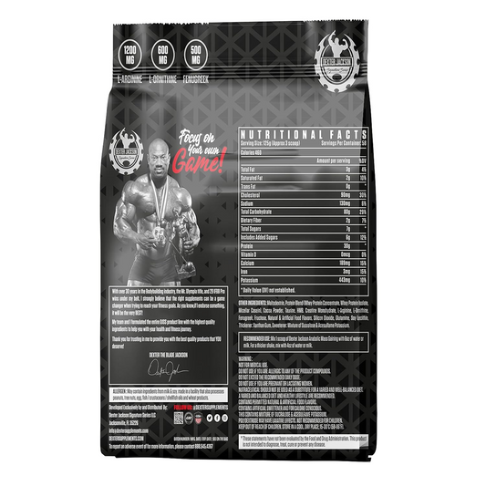 Dexter Jackson Black Series Lean Mass Gainer – 30g Protein & 80g Carbs per Serving (125g). Low Sugar (7g) with HMB, Creatine & Glutamine. 58 Servings per Tub, back view