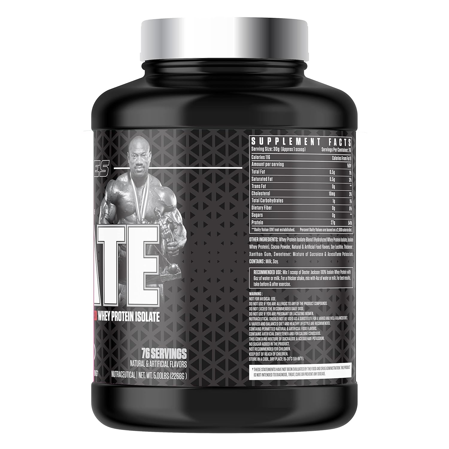 ISOLATE protein supplement with 116 calories, 0g sugar, 1g carbs, and 27g protein per 30g scoop, ideal for muscle building and recovery