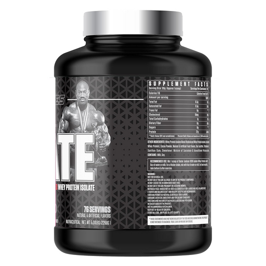 ISOLATE protein supplement with 116 calories, 0g sugar, 1g carbs, and 27g protein per 30g scoop, ideal for muscle building and recovery