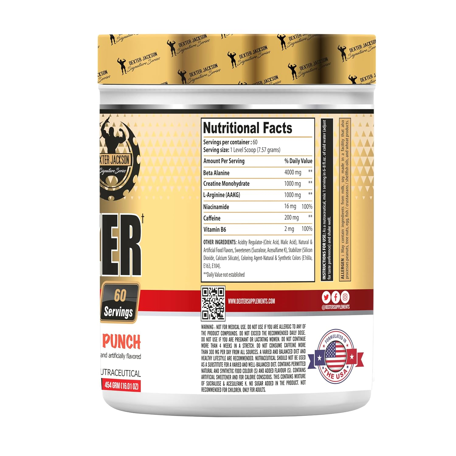 Extreme Pre-Workout Powder – 4000mg Beta Alanine + 200mg Caffeine per Scoop. With 1000mg Creatine & AAKG for Pumps. 60 Servings, Sugar-Free Formula, side view