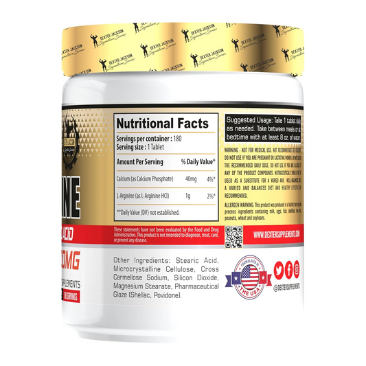 L-Arginine 1000mg + Calcium Supplement – 180 Tablets for Nitric Oxide Support, Blood Flow & Muscle Pump. Non-GMO, Pharmaceutical-Grade Formula, side view