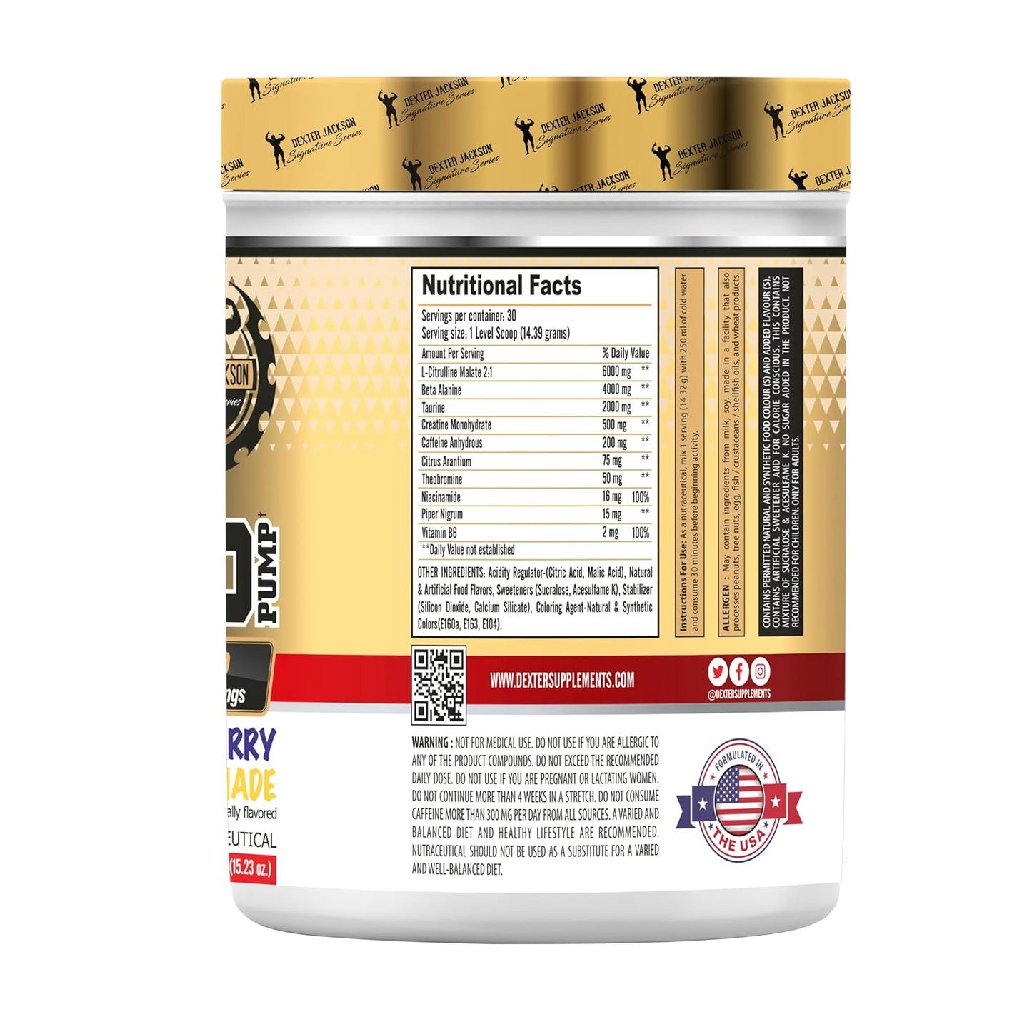 High-Stim Pre-Workout Powder – 200mg Caffeine + Theobromine & Citrus Aurantium. 6000mg Pump Complex (L-Citrulline), 500mg Creatine. 30 Scoops, Blueberry Lemonade Flavor, side view