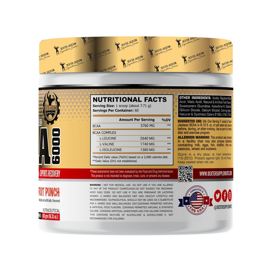 5.76g BCAA Powder - 2:1:1 Leucine Complex (2640mg) for Muscle Recovery. 60 Servings with Electrolytes, Sugar-Free & Keto-Friendly. IFBB Pro Approved Formula, side view