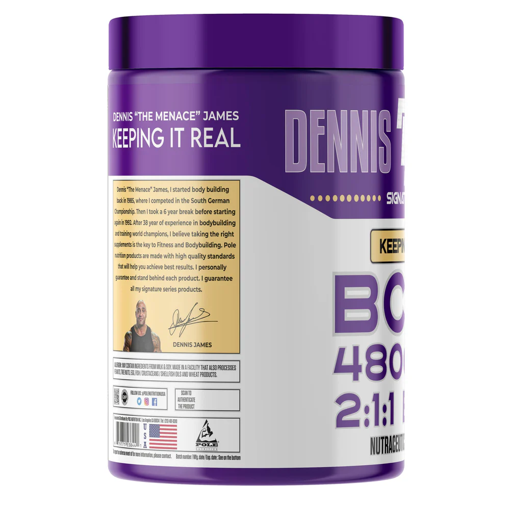 Dennis James BCAA 4800mg Supplement Label – 2:1:1 Ratio Branched-Chain Amino Acids for Muscle Recovery & Endurance – No Sugar Added, Adult Use Only