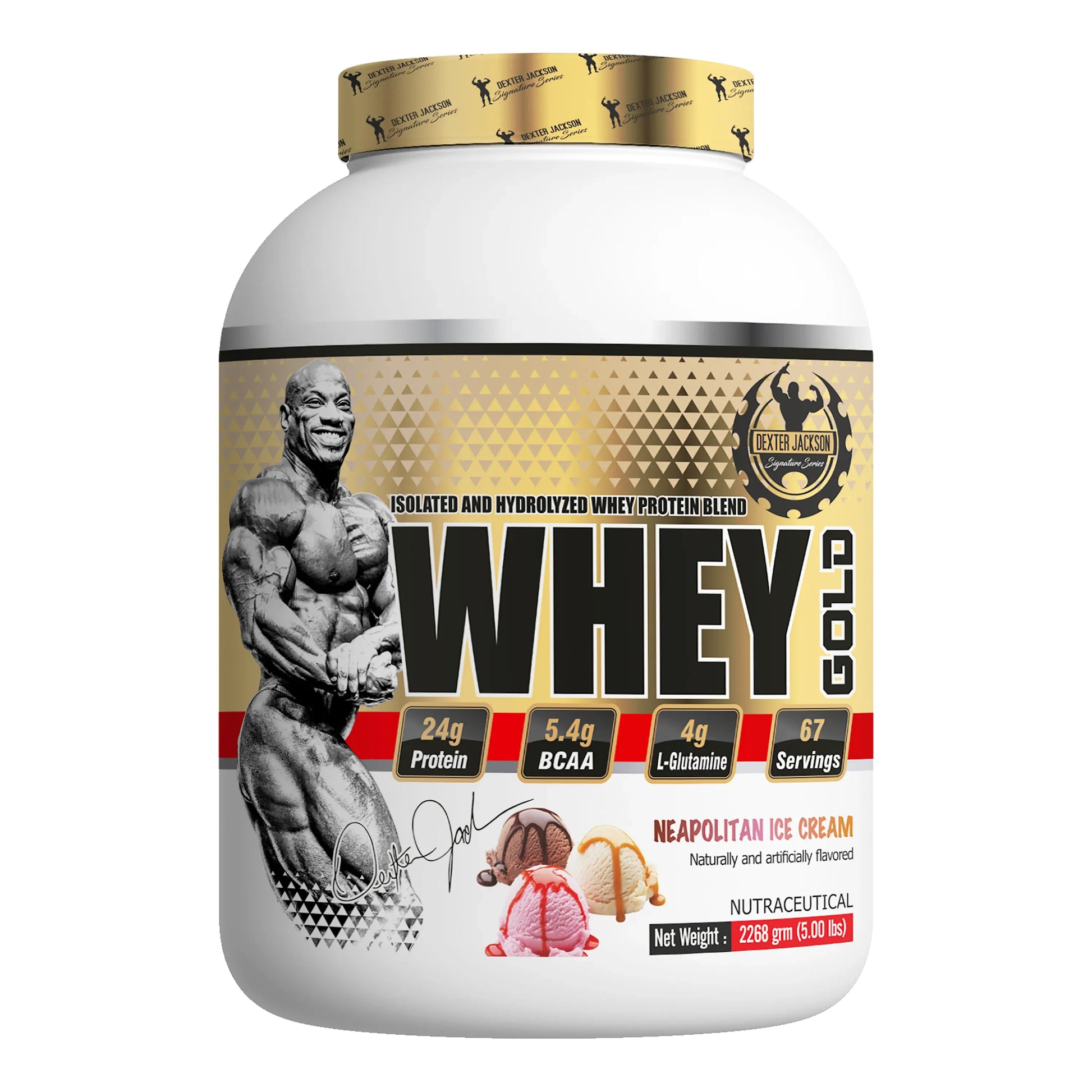 DexterJackson gold series WheyProtein Neapolitan icecream tub 5Lbs front view