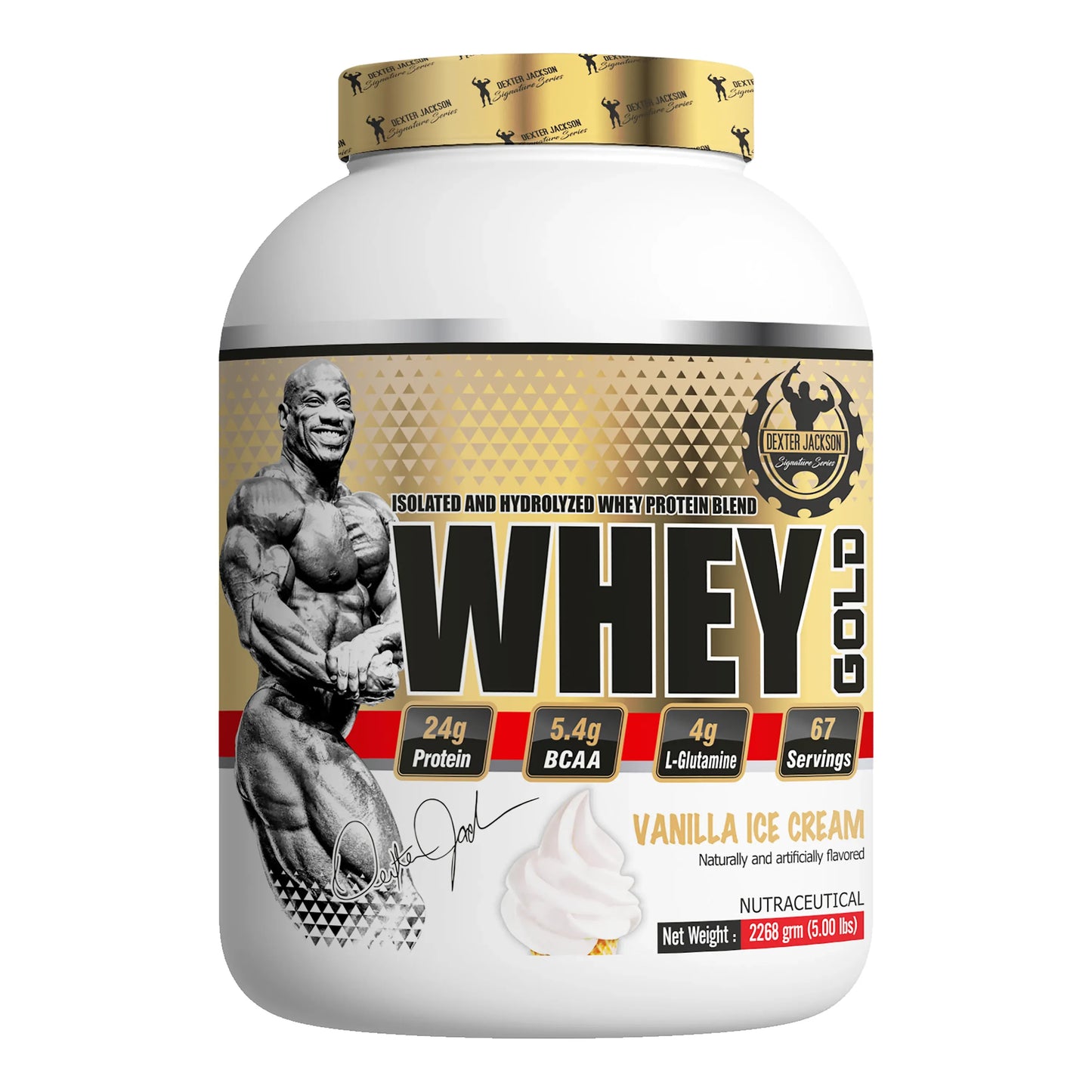 DexterJackson gold series whey protein vanilla ice cream flvour tub frontview