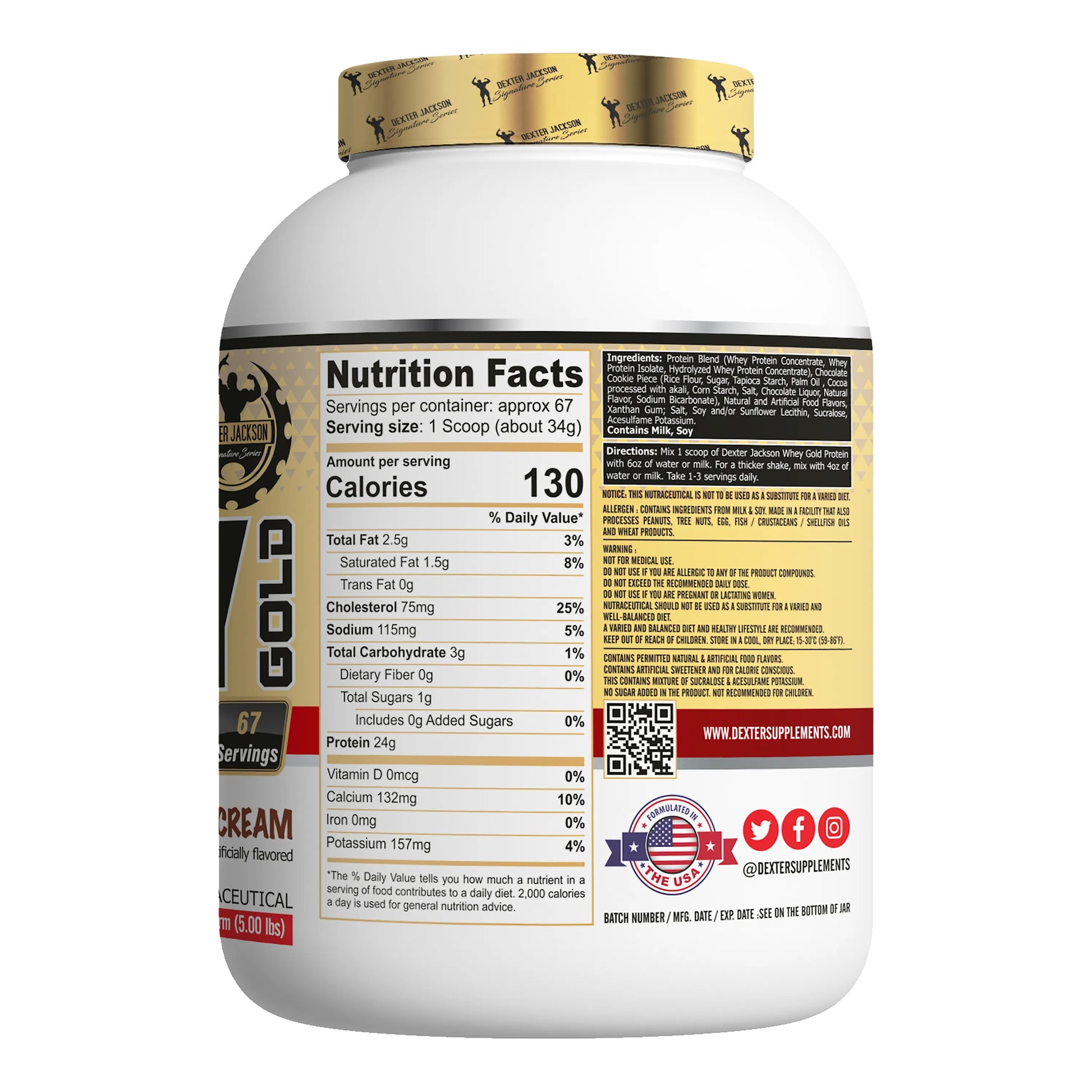 Supplement container with gold and black label on a white background