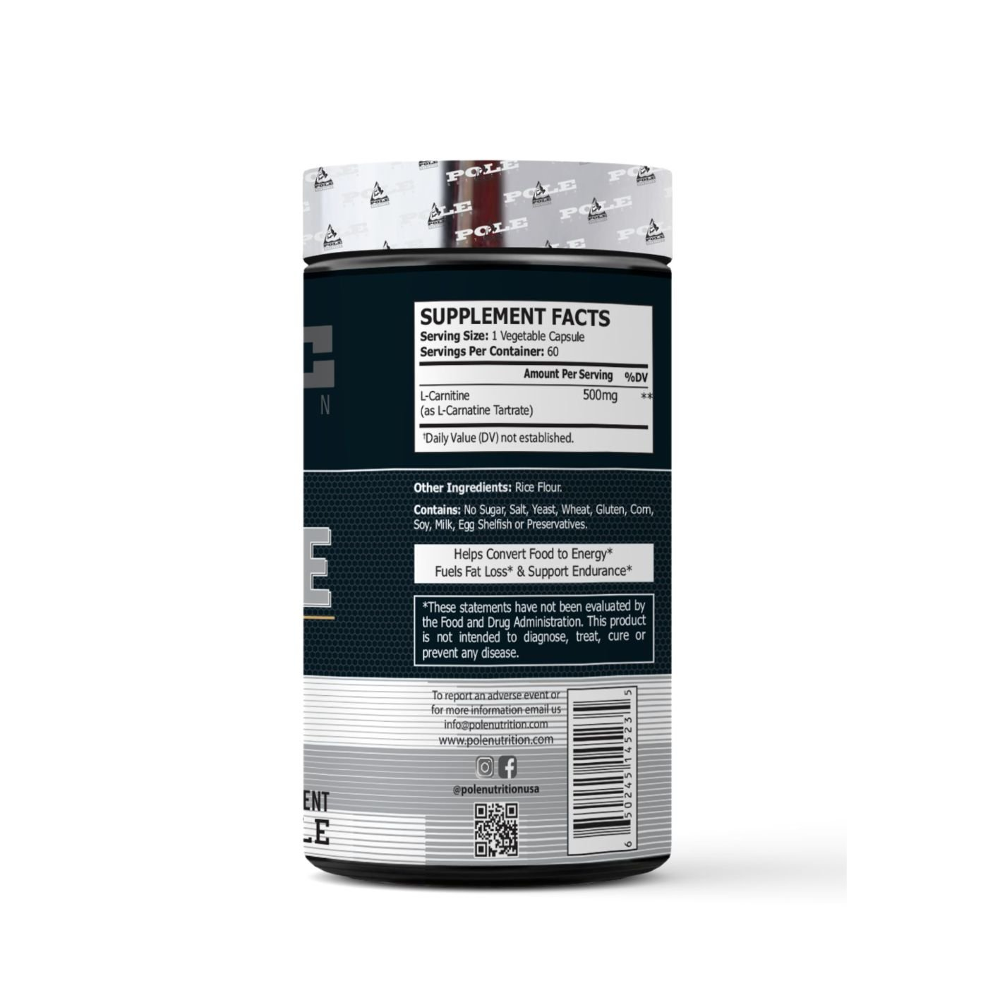 Pole Nutrition L-Carnitine 500mg - 60 Veg Capsules | Energy Production and Fat Metabolism Support - Veg Formula