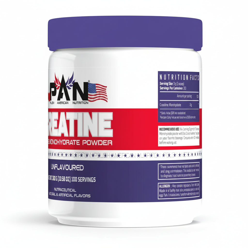 PAN NUTRITION  Creatine monohydrate powder container with American flag design on a white background
