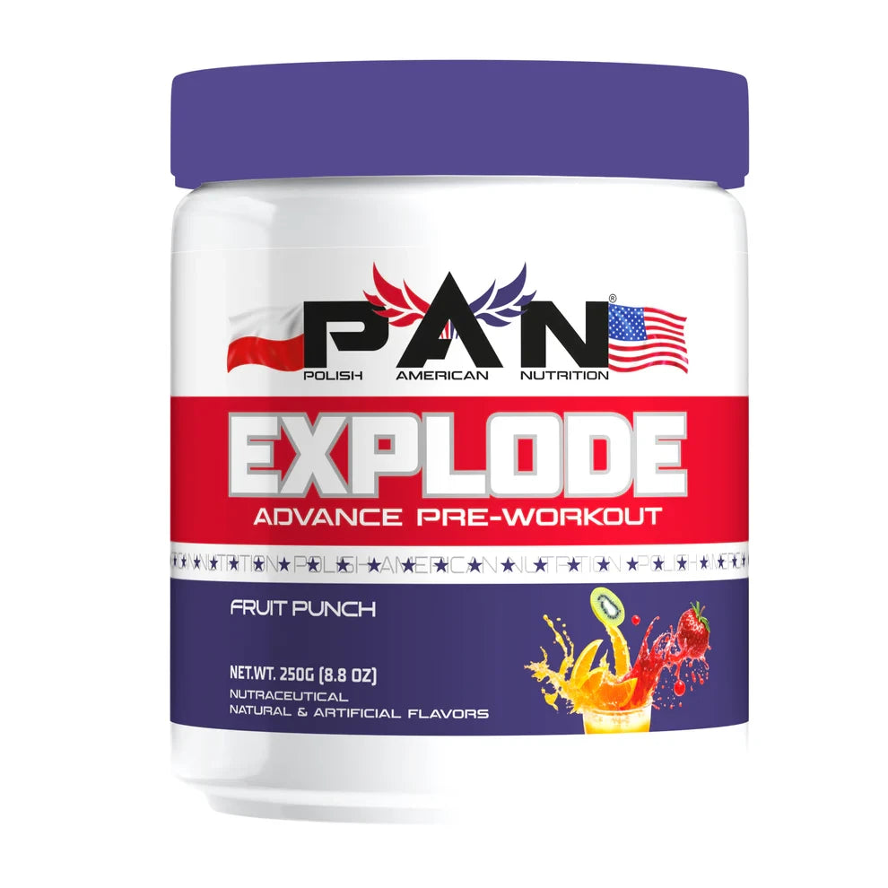 Pre-workout supplement container with 'PAN Polish American Nutrition' branding on a white background