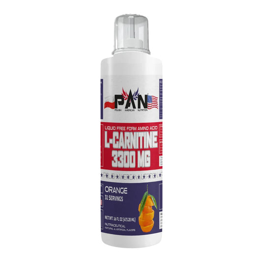 Bottle of pan nutrition  L-Carnitine supplement with visible branding on a white background