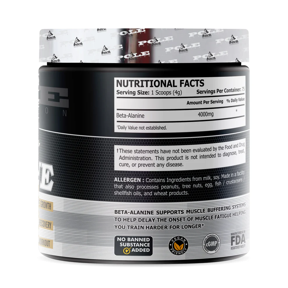 Pole Nutrition Beta-Alanine - 4000mg Per Serving Unflavored Powder for Muscle Endurance & Recovery (75 Servings, 300g)