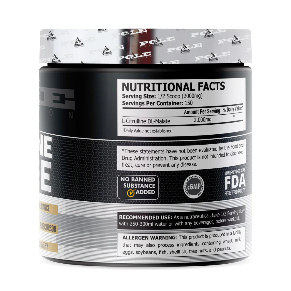 Pole Nutrition Citrulline Malate - 300g Pure 2:1 Ratio Powder (150 Servings) for Nitric Oxide & Workout Endurance