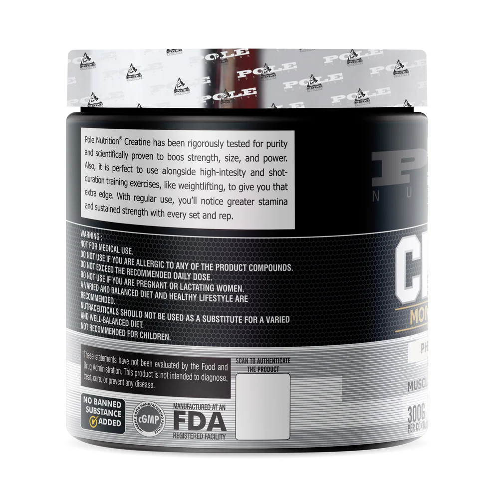 Pole Nutrition Creatine Monohydrate - Micronized Pharmaceutical-Grade Powder (300g, 120 Servings) - Unflavored