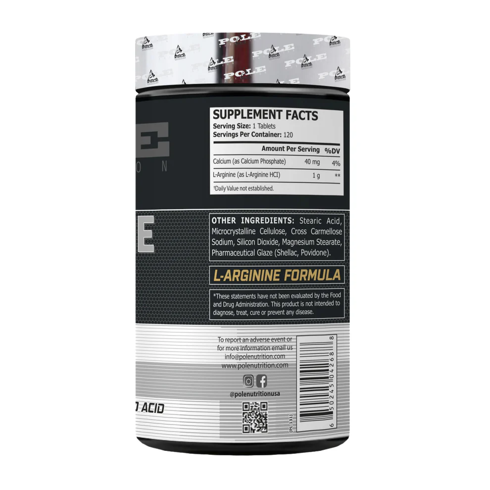 1 Gram (1000mg) Pure L-Arginine HCl per Serving - Pole Nutrition 120 Tablet Formula - Pharmaceutical Grade