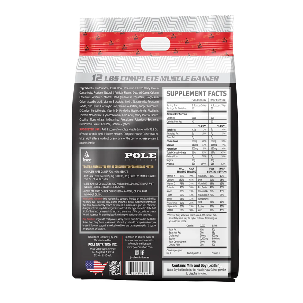 Pole Nutrition Mass Gainer | Gluten-Free with Creatine | Chocolate Fudge Flavor | 12 lbs - Complete Formula for Muscle Mass and Strength