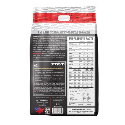 Pole Nutrition Mass Gainer | Gluten-Free with Creatine | Chocolate Fudge Flavor | 12 lbs - Complete Formula for Muscle Mass and Strength