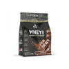 Whey protein package with chocolate flavor on a white background