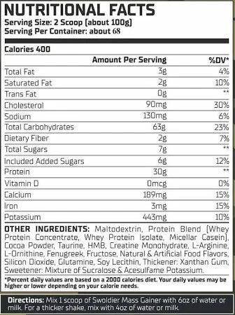 Nutritional facts label for a protein supplement  WARZONE MASS GAINERwith serving size and container information.
