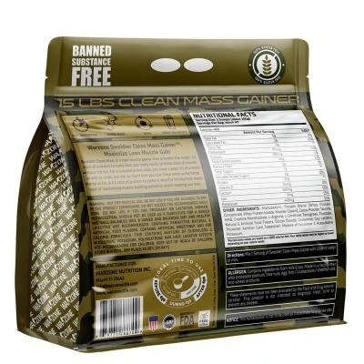 Package of '15 Less Clean Mass Gainer' with nutritional facts and warnings on a white background
