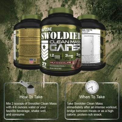 Three bottles of WAR Zone Nutrition Swolder Clean Mass Gainer on a camouflage background with usage instructions.