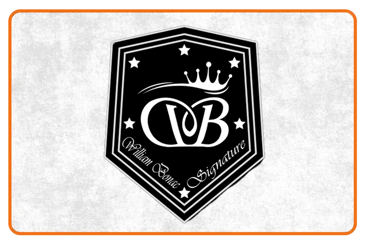 Black logo with 'wB' and 'William Bonac Signature' on a textured white background