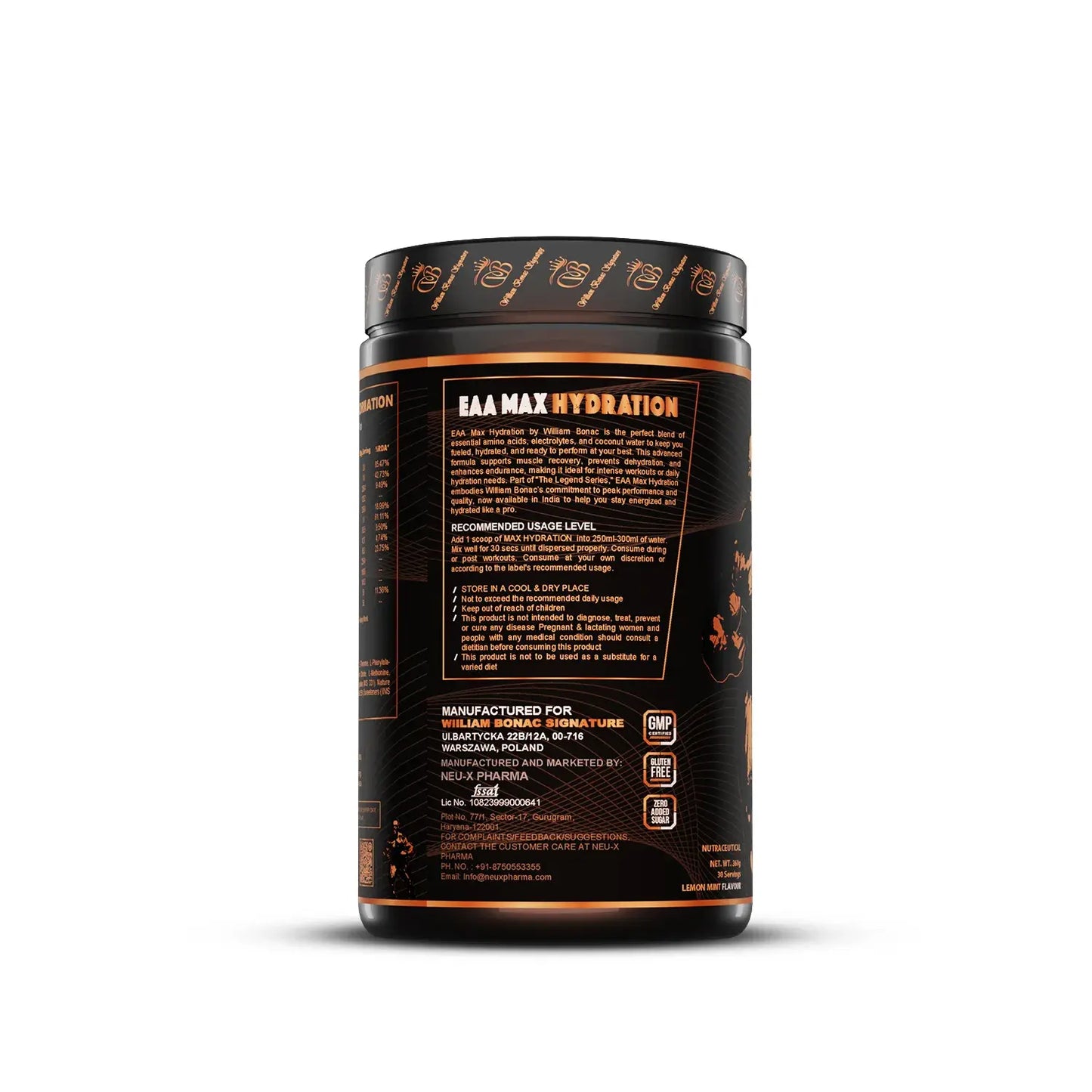 Black supplement container with orange text on a white background