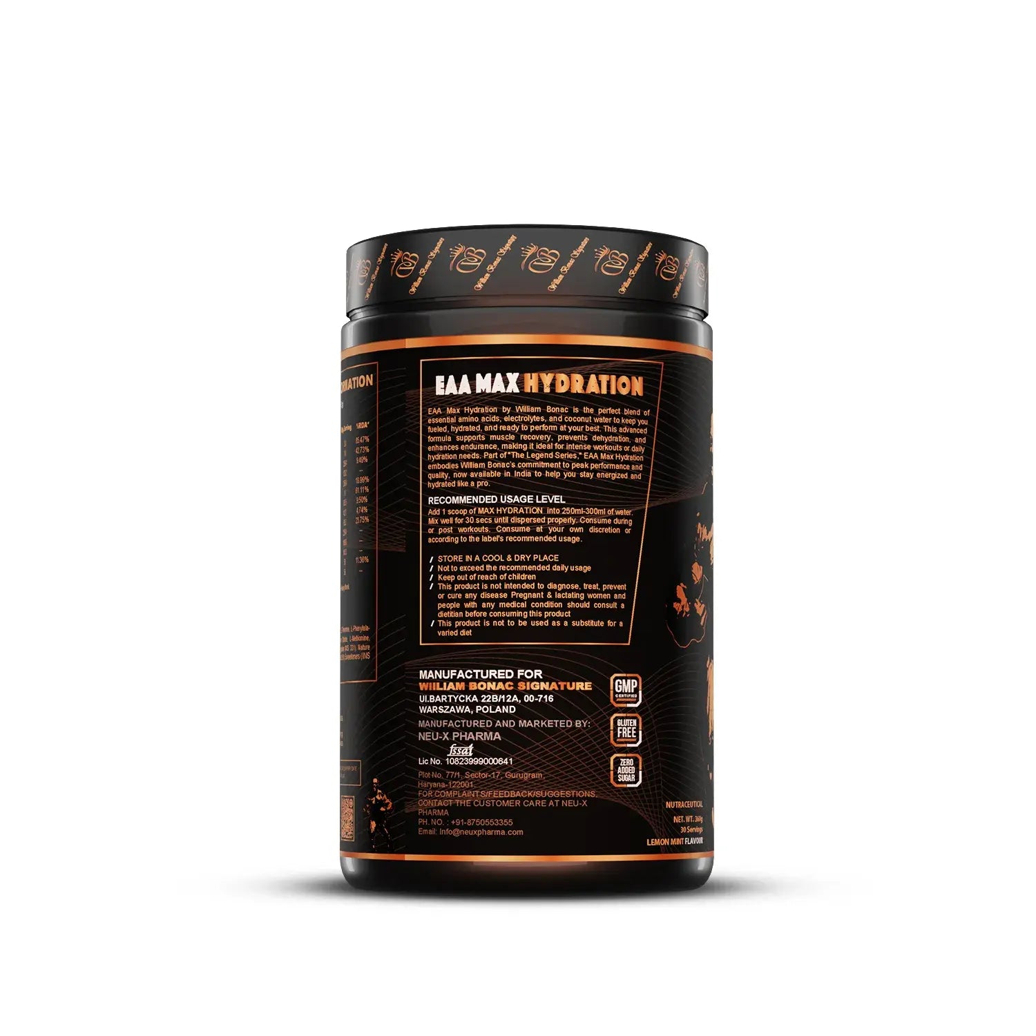 Black supplement container with orange text on a white background