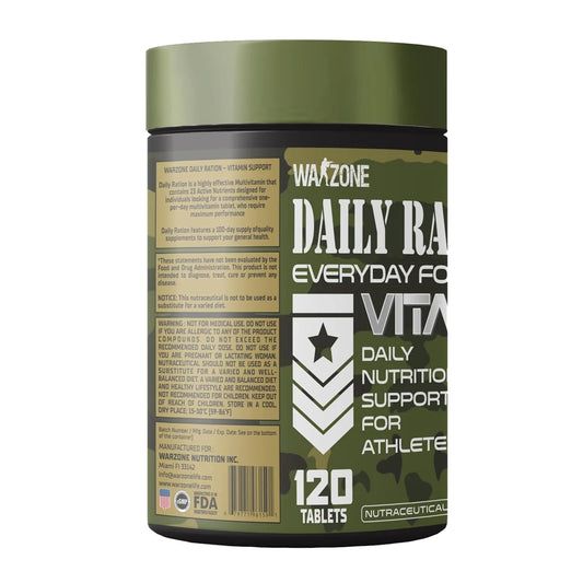 Green supplement container labeled 'WARZONE Daily RATION' on a white background