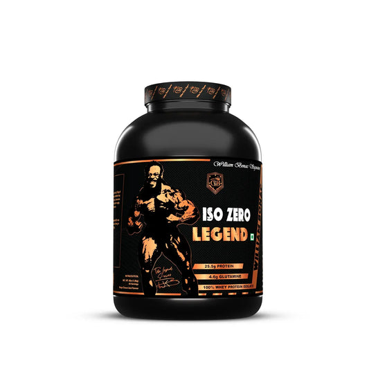 Black supplement container labeled 'ISO Zero Legend' on a white background
