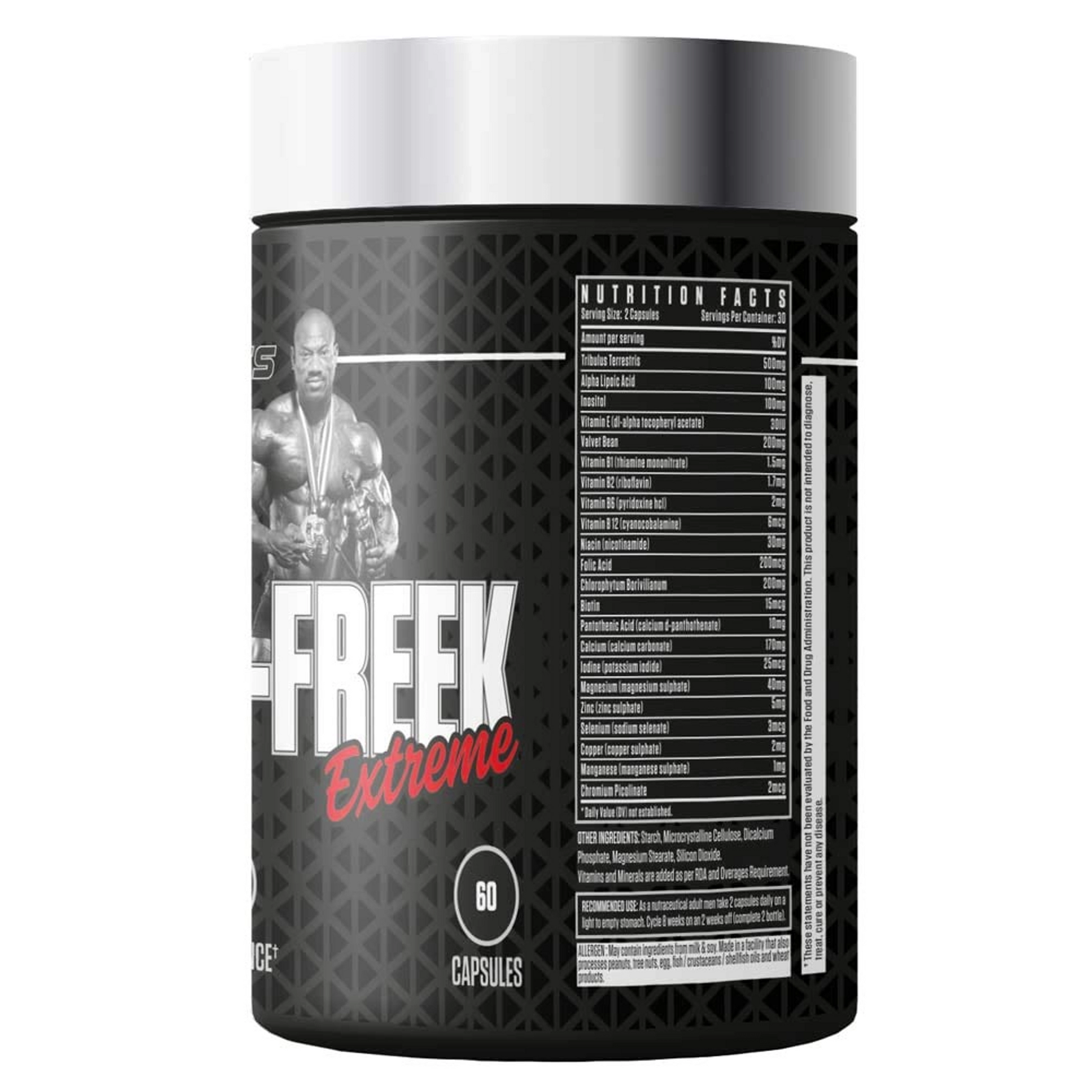 Testro-Freek Extreme Black Series supplement bottle, 60 capsules, male performance support, fusion of science & nature, active person formula