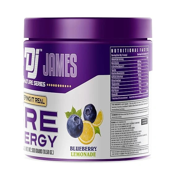 Dennis James Signature Series Pre-Workout – Explosive Energy & Performance Boost | 300g (30 Servings)-sideview-blueberry-lemonade