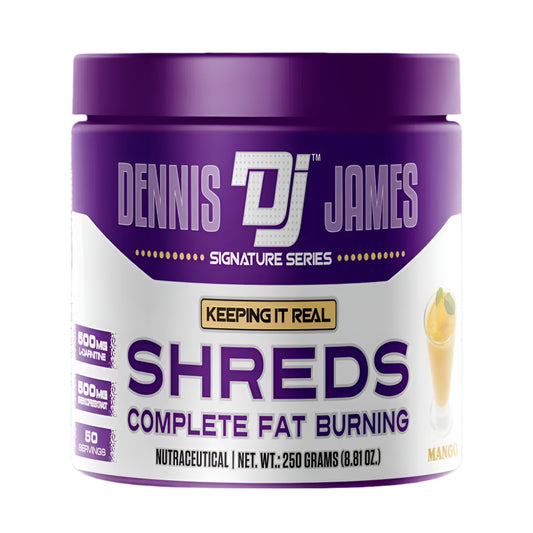 Dennis James Shreds supplement container on a white background