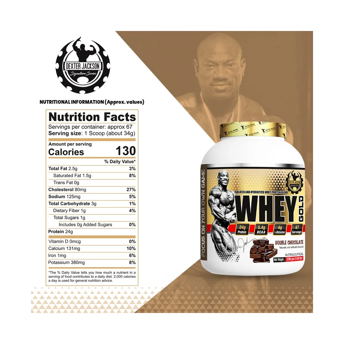 Whey protein supplement with nutrition facts on a white background