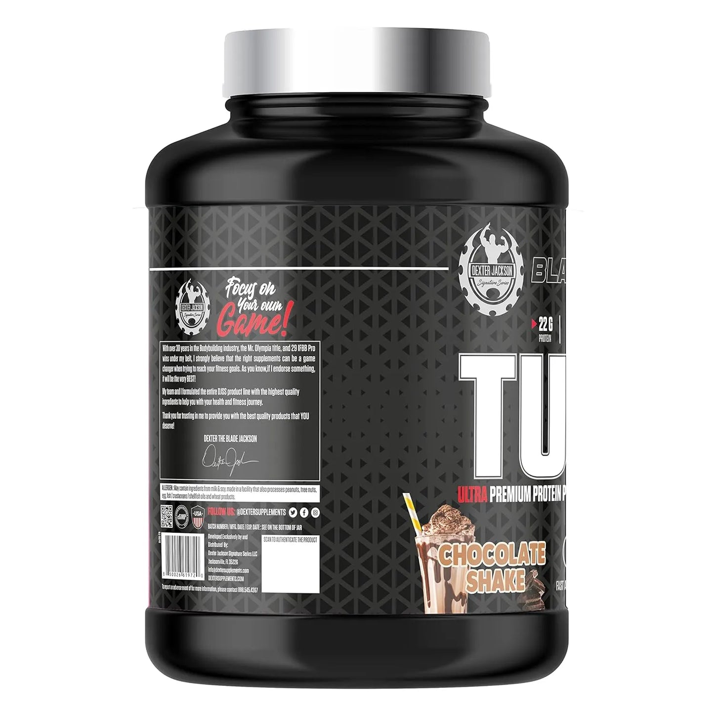 turbo Whey Protein by Dexter Jackson – high-performance supplement for athletes and bodybuilders, chocolate flavor with 200 calories per scoop