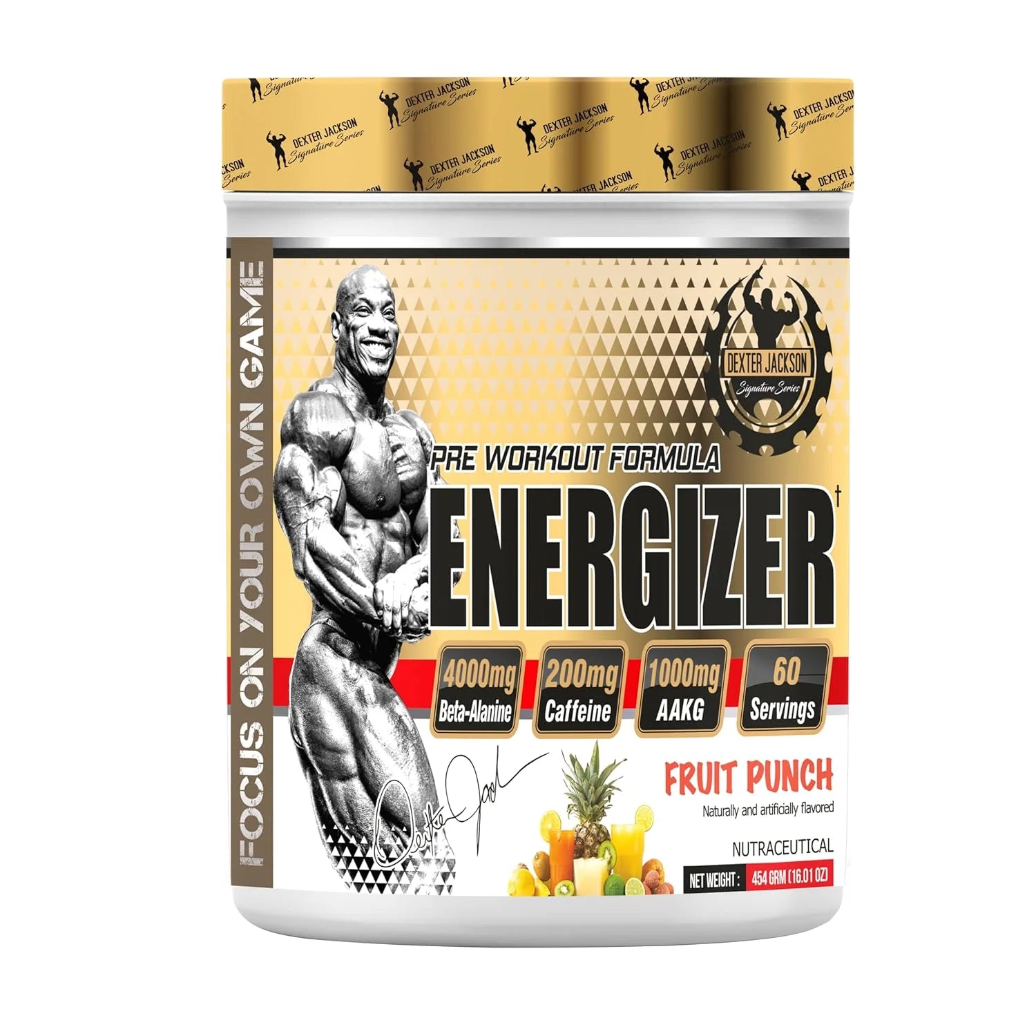 Dexter Jackson Gold Series Energizer – Energy, Endurance & Focus Supplement | Caffeine, Creatine, Beta-Alanine – No Sugar, Vegetarian, Fruit Punch Flavor, front view