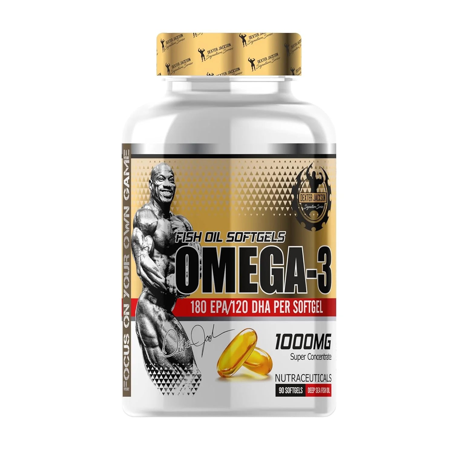 Dexter Jackson Ultra-Pure Fish Oil Softgels – 1000mg Omega-3 (180mg EPA/120mg DHA) per Serving. Pharmaceutical-Grade, Molecularly Distilled for Purity, front view