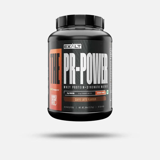 Exalt Pr-Power protein powder container on a white background