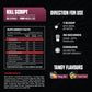 Supplement packaging with ingredient list, directions for use, and flavor information on a black background.