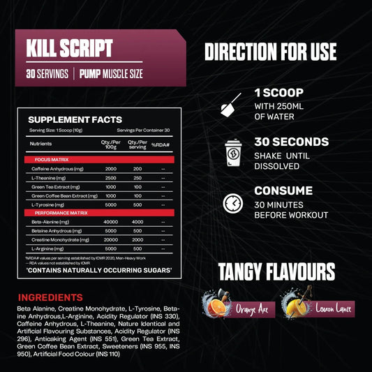 Supplement packaging with ingredient list, directions for use, and flavor information on a black background.