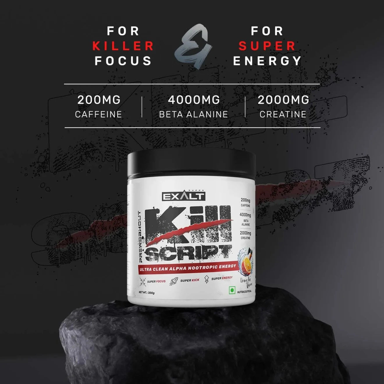 Exalt Kill Script supplement container with ingredients and benefits on a dark background