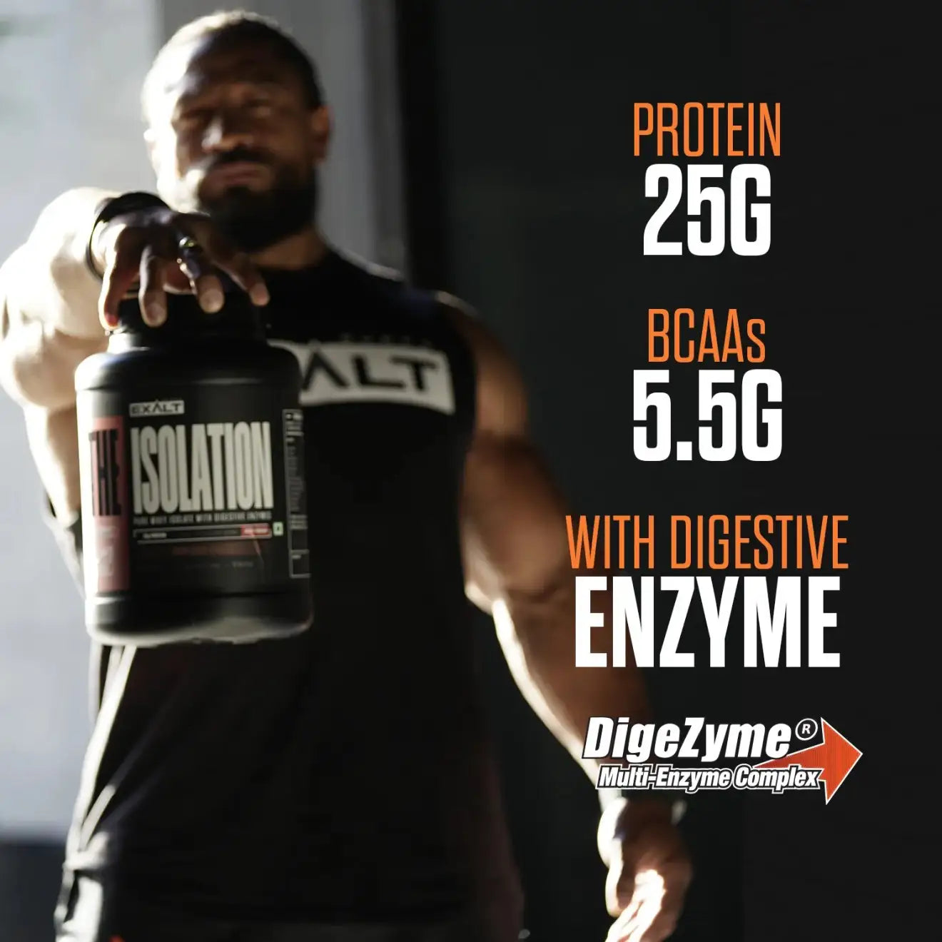 Person holding a protein supplement with nutritional information displayed